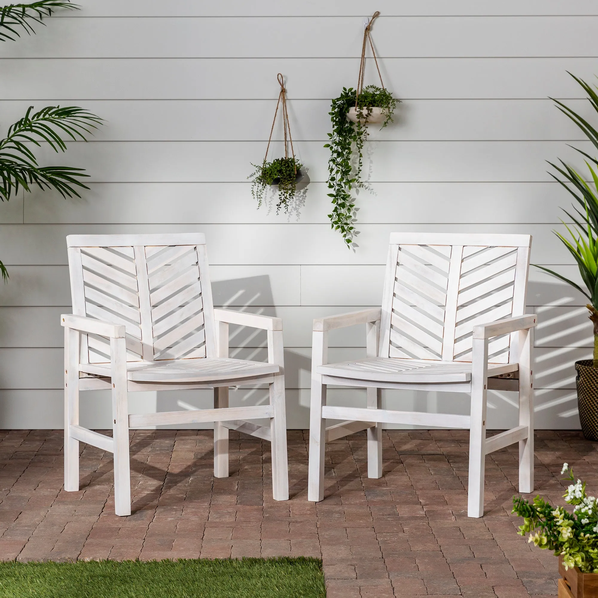 Modern Chevron Patio Chairs, Set of 2 - White Wash