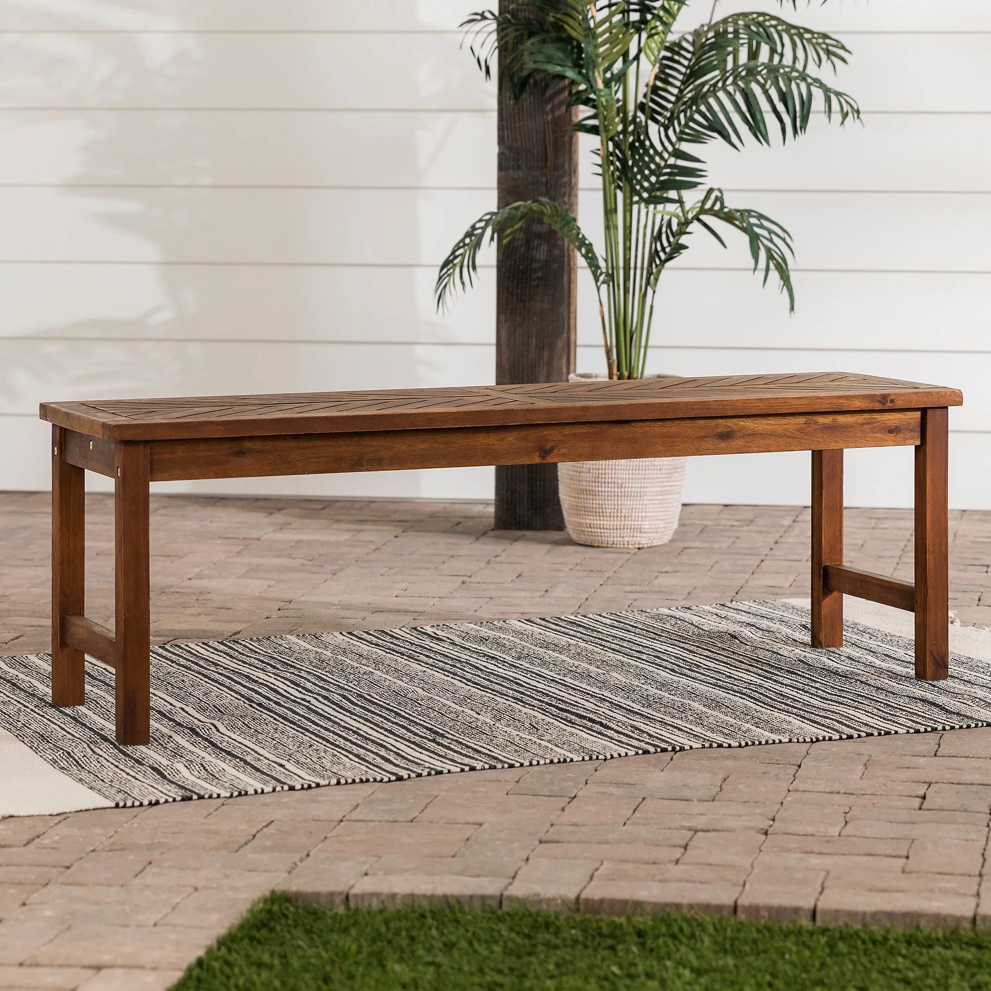 Modern Chevron-Top Solid Wood Patio Bench - Dark Brown