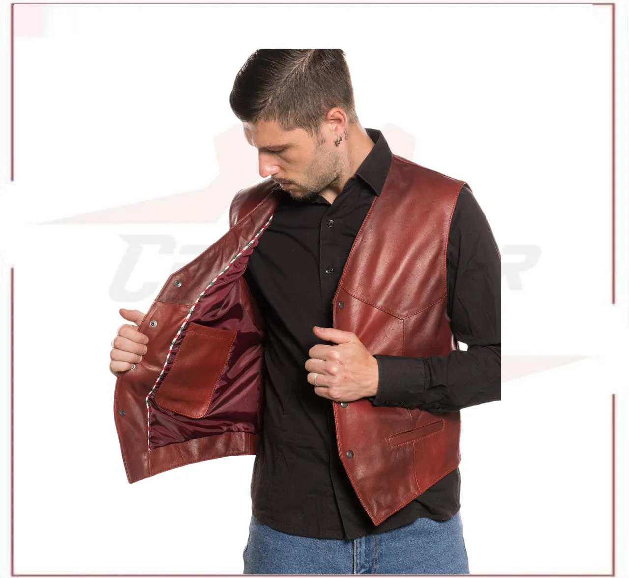 New Men's Vest in Genuine Bordeaux Leather