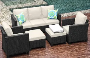 Sunscape 5 Piece Patio Furniture Wicker Conversation Set, Black / Off White