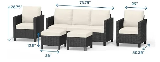 Sunscape 5 Piece Patio Furniture Wicker Conversation Set, Black / Off White