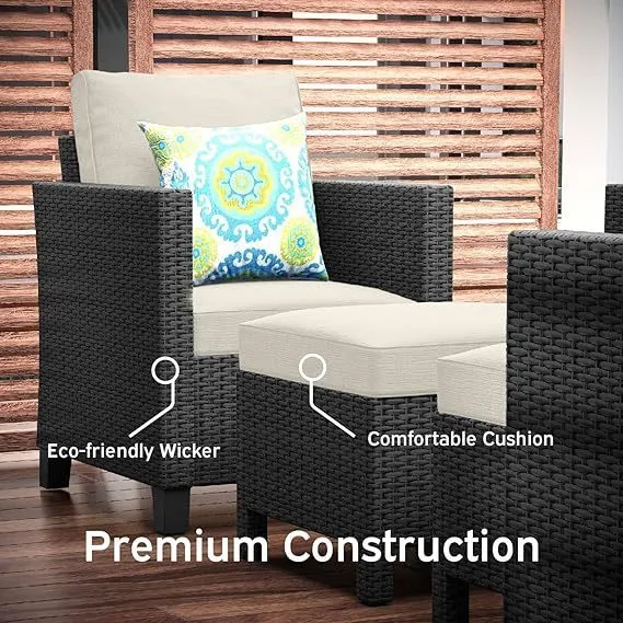 Sunscape 5 Piece Patio Furniture Wicker Conversation Set, Black / Off White