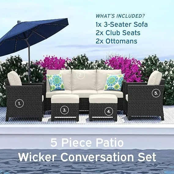 Sunscape 5 Piece Patio Furniture Wicker Conversation Set, Black / Off White