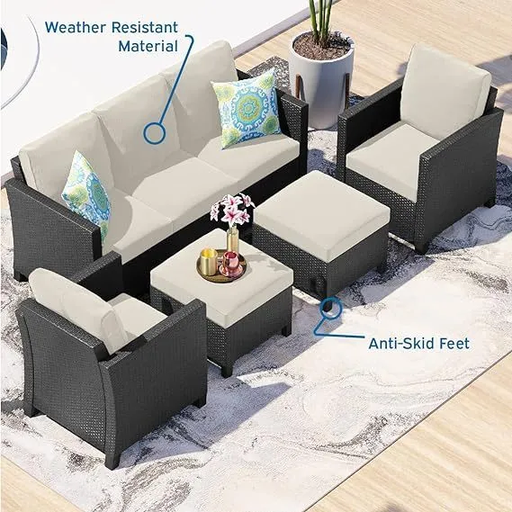 Sunscape 5 Piece Patio Furniture Wicker Conversation Set, Black / Off White